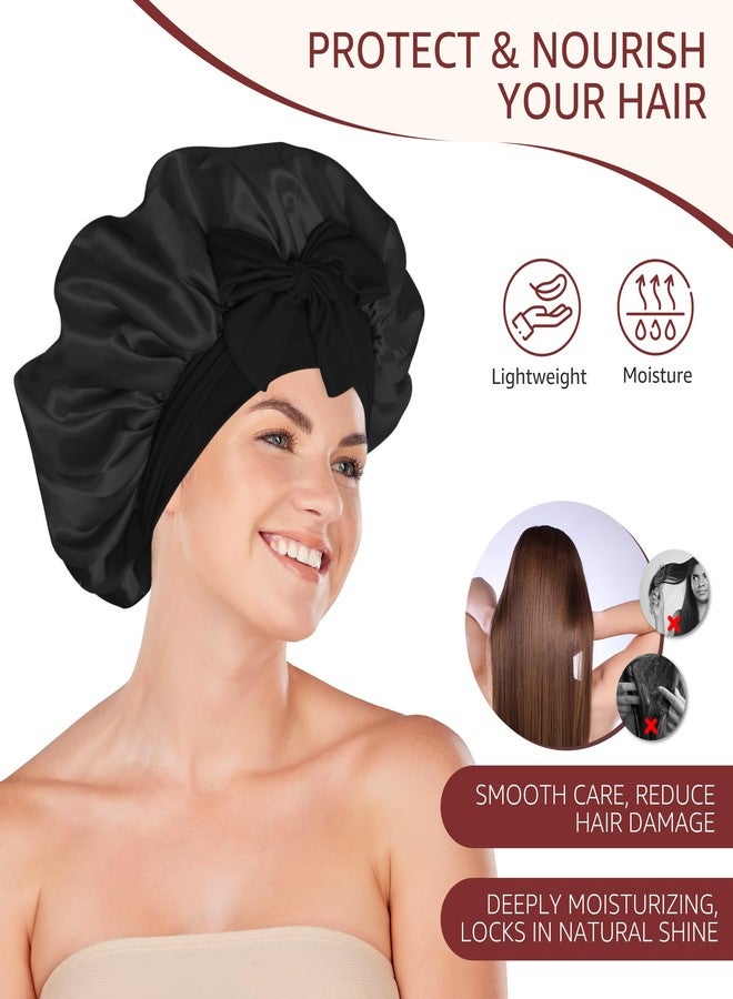 HiRui Silk Satin Bonnet for Sleeping Women, Double-Layer Sleep Cap Shower Cap with Adjustable Tie, Moisture Retaining Satin Lined Hair Bonnet for Curly and Natural Hair (Black, Large) - Image 2